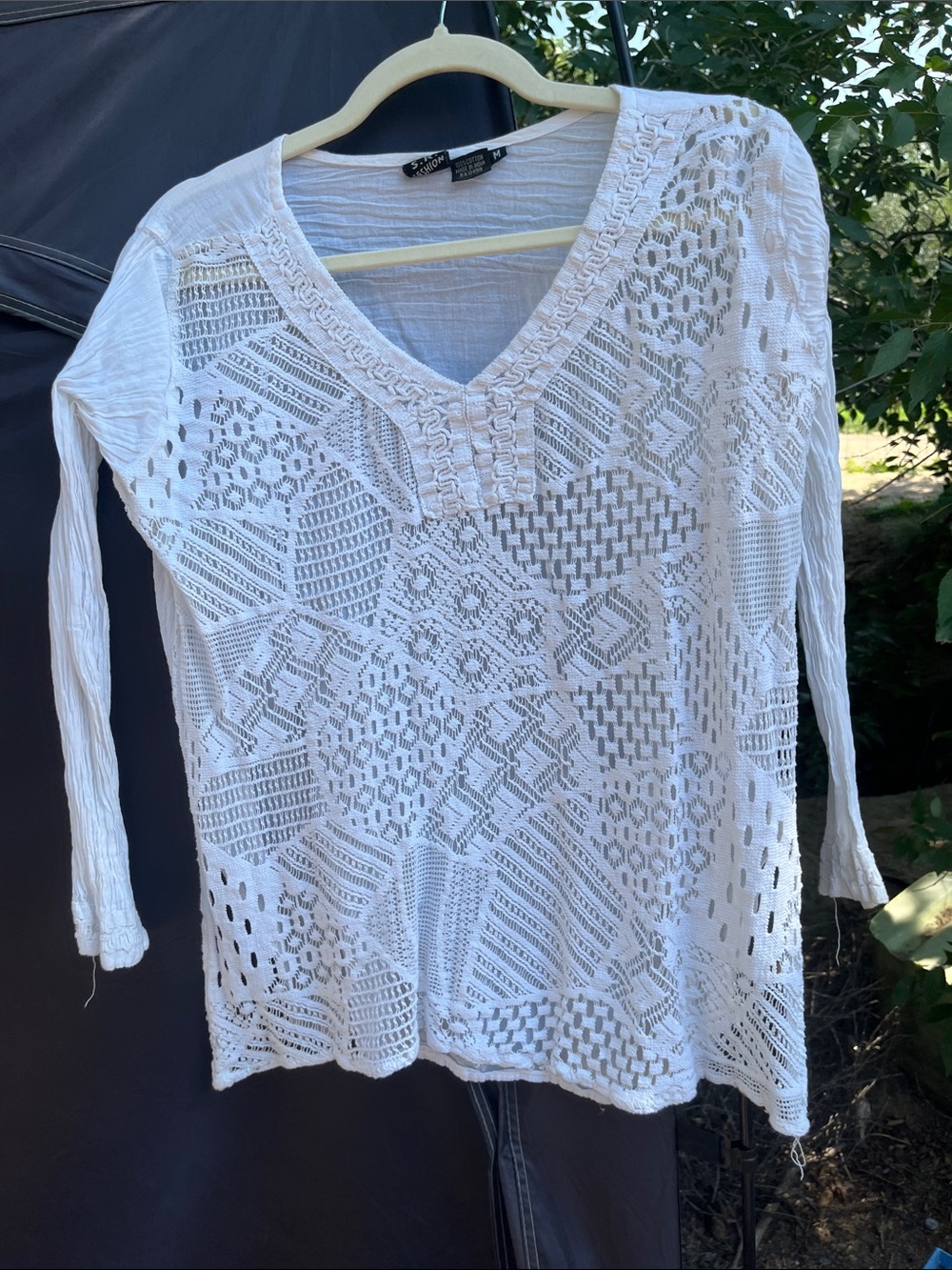 Boho White Crochet V-Neck Tunic Top